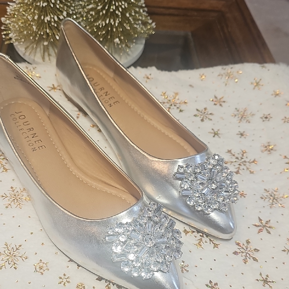 Journee Collection Silver Flats with Crystal Accents